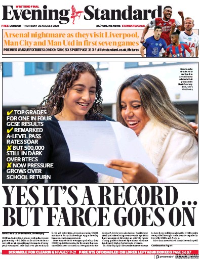 London Evening Standard Newspaper Front Page for 21 August 2020