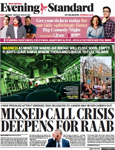 London Evening Standard (UK) Newspaper Front Page for 21 August 2021