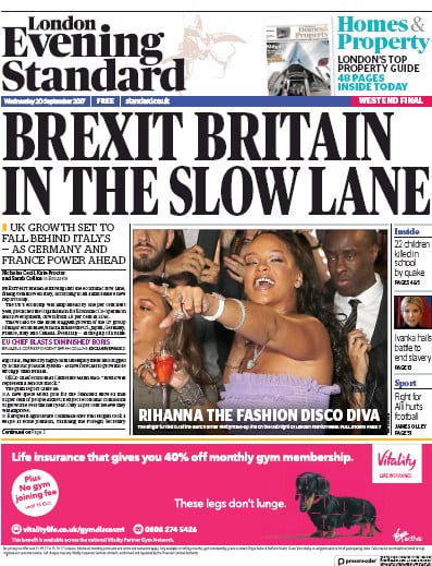 London Evening Standard (UK) Newspaper Front Page for 21 September 2017