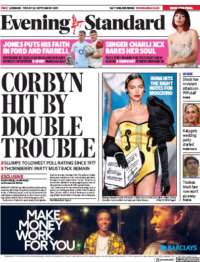London Evening Standard Newspaper Front Page for 21 September 2019
