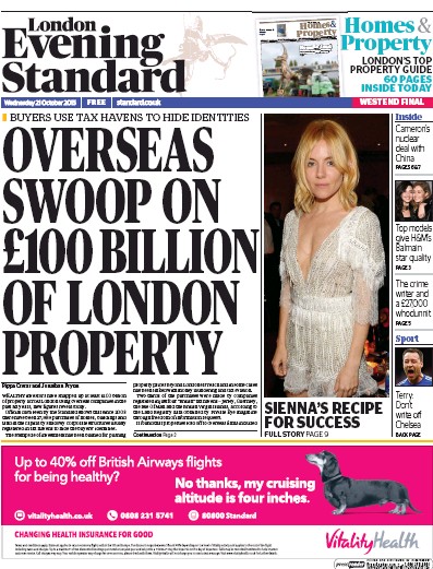 London Evening Standard Newspaper Front Page for 22 October 2015