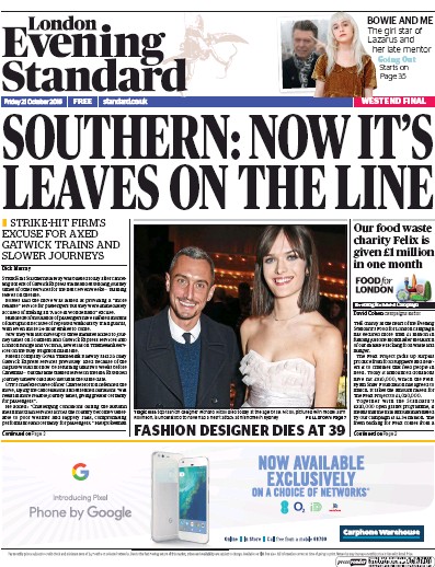 London Evening Standard Newspaper Front Page for 22 October 2016