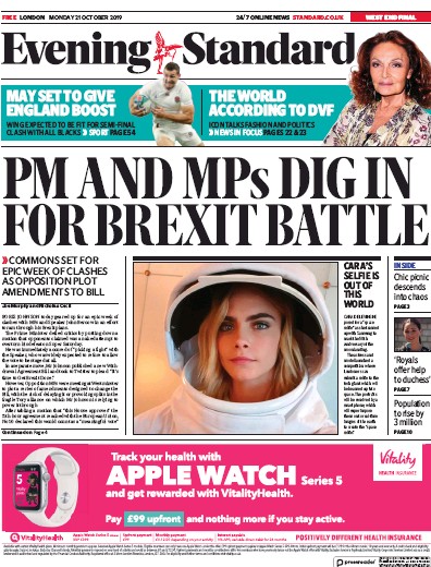London Evening Standard Newspaper Front Page for 22 October 2019
