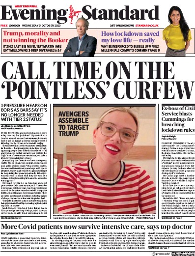 London Evening Standard Newspaper Front Page for 22 October 2020