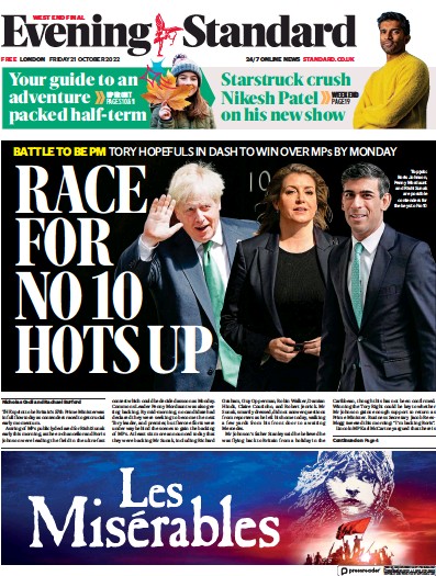 London Evening Standard Newspaper Front Page for 22 October 2022