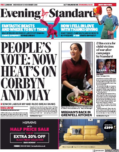 London Evening Standard (UK) Newspaper Front Page for 22 November 2018