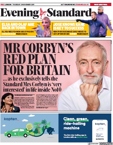 London Evening Standard Newspaper Front Page for 22 November 2019