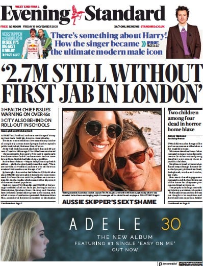 London Evening Standard (UK) Newspaper Front Page for 22 November 2021