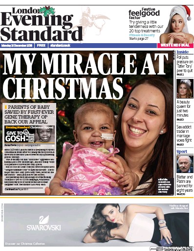 London Evening Standard Newspaper Front Page for 22 December 2015