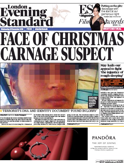 London Evening Standard Newspaper Front Page for 22 December 2016