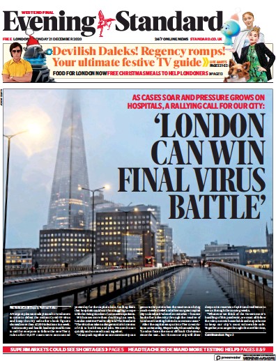 London Evening Standard (UK) Newspaper Front Page for 22 December 2020