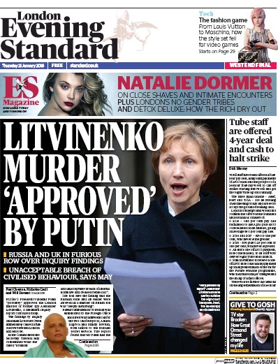 London Evening Standard Newspaper Front Page for 22 January 2016
