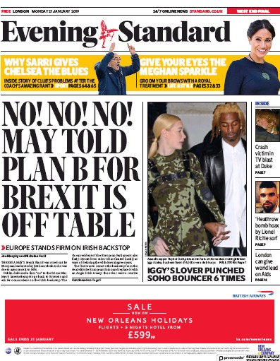 London Evening Standard Newspaper Front Page for 22 January 2019