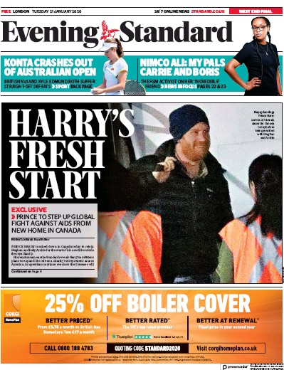 London Evening Standard Newspaper Front Page for 22 January 2020