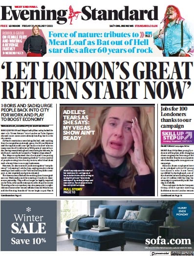 London Evening Standard (UK) Newspaper Front Page for 22 January 2022