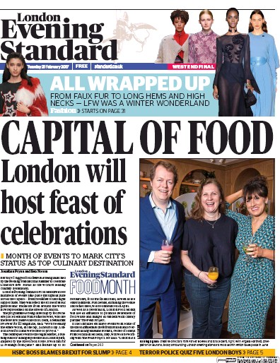 London Evening Standard Newspaper Front Page for 22 February 2017