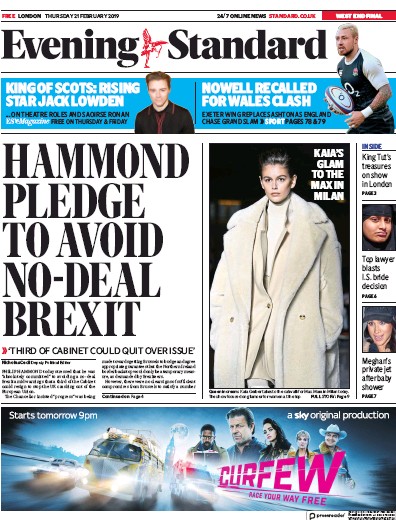 London Evening Standard Newspaper Front Page for 22 February 2019