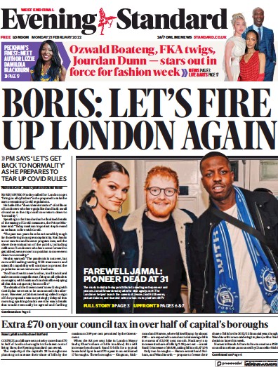 London Evening Standard Newspaper Front Page for 22 February 2022
