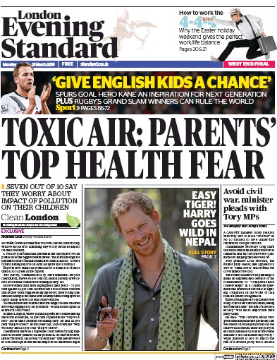London Evening Standard (UK) Newspaper Front Page for 22 March 2016