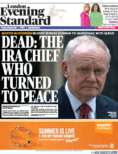 London Evening Standard Newspaper Front Page for 22 March 2017