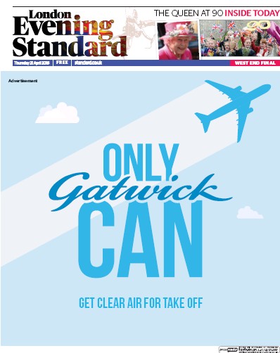 London Evening Standard Newspaper Front Page for 22 April 2016