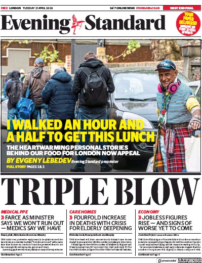 London Evening Standard Newspaper Front Page for 22 April 2020