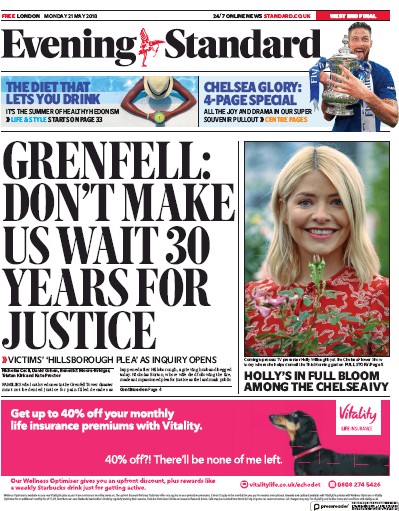 London Evening Standard Newspaper Front Page for 22 May 2018