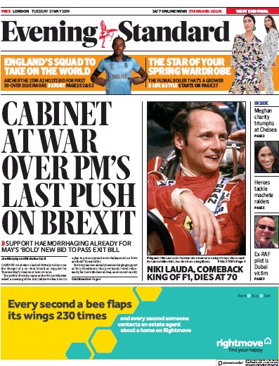 London Evening Standard Newspaper Front Page for 22 May 2019