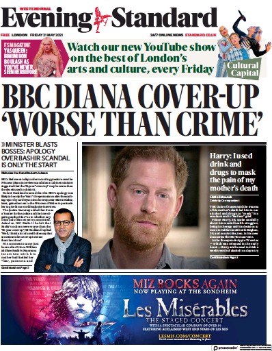 London Evening Standard Newspaper Front Page for 22 May 2021