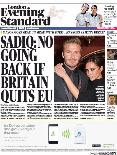 London Evening Standard Newspaper Front Page for 22 June 2016