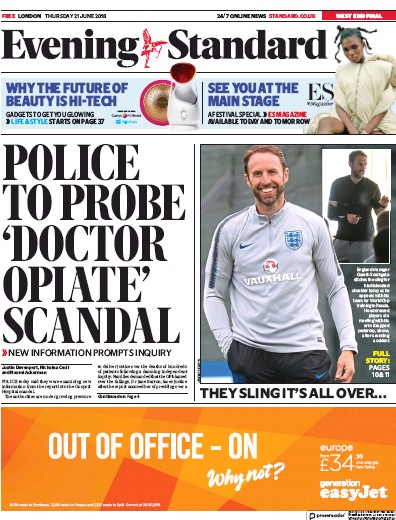 London Evening Standard Newspaper Front Page for 22 June 2018