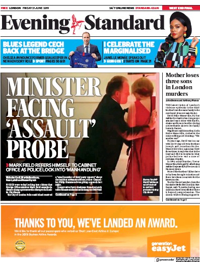 London Evening Standard Newspaper Front Page for 22 June 2019