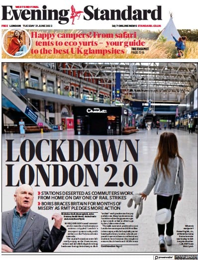 London Evening Standard (UK) Newspaper Front Page for 22 June 2022