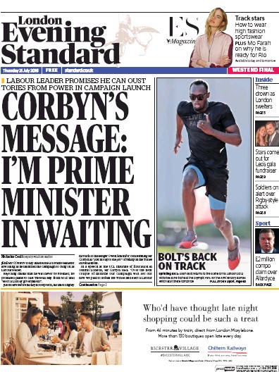 London Evening Standard Newspaper Front Page for 22 July 2016