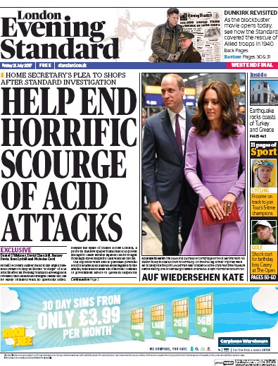 London Evening Standard Newspaper Front Page for 22 July 2017