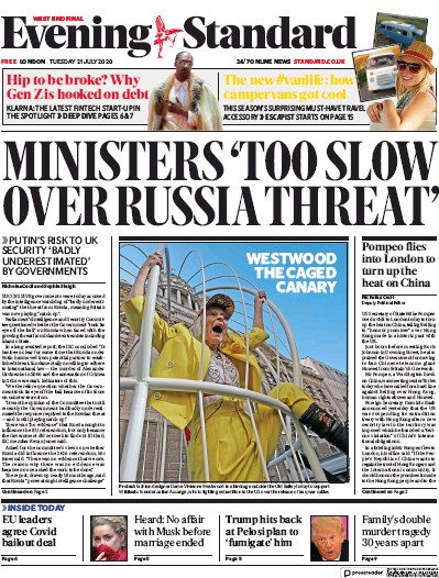 London Evening Standard Newspaper Front Page for 22 July 2020