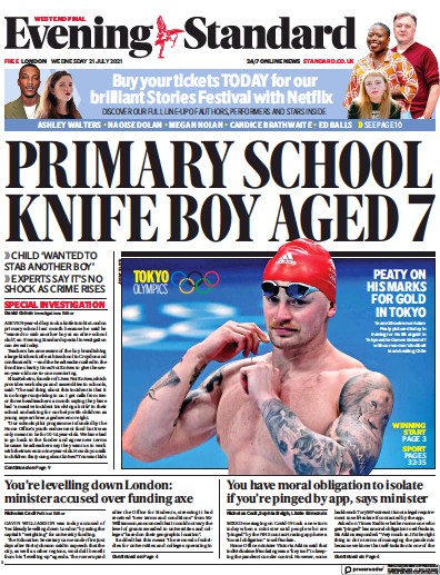 London Evening Standard (UK) Newspaper Front Page for 22 July 2021