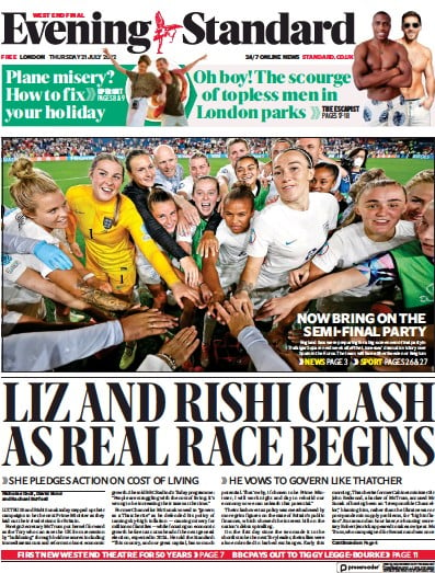 London Evening Standard Newspaper Front Page for 22 July 2022