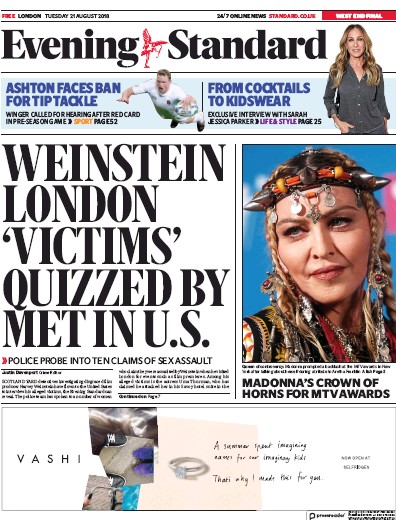 London Evening Standard Newspaper Front Page for 22 August 2018