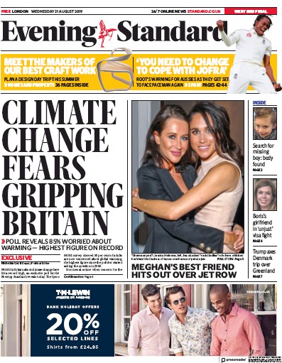 London Evening Standard Newspaper Front Page for 22 August 2019