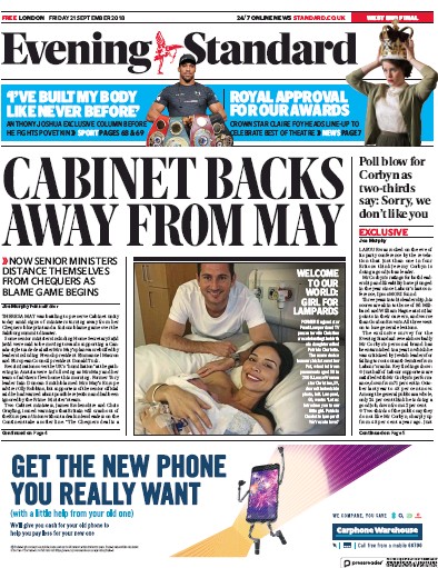 London Evening Standard Newspaper Front Page for 22 September 2018