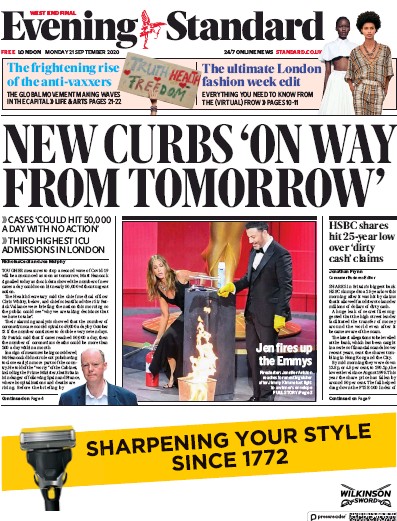 London Evening Standard Newspaper Front Page for 22 September 2020