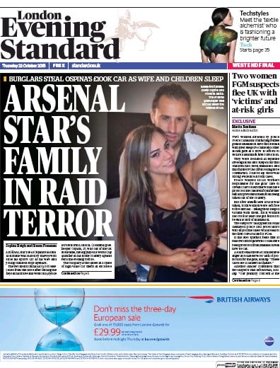 London Evening Standard (UK) Newspaper Front Page for 23 October 2015