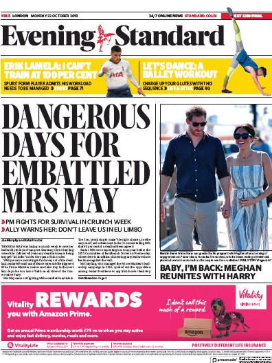 London Evening Standard Newspaper Front Page for 23 October 2018