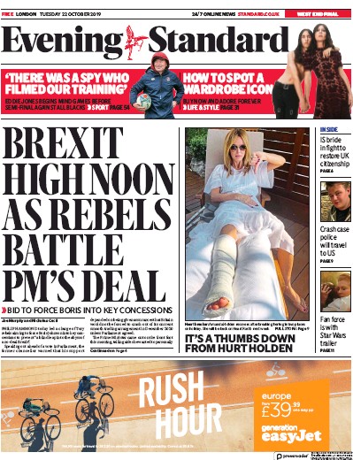 London Evening Standard Newspaper Front Page for 23 October 2019
