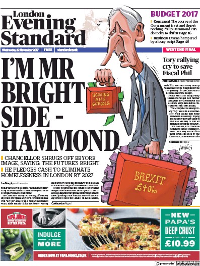 London Evening Standard Newspaper Front Page for 23 November 2017