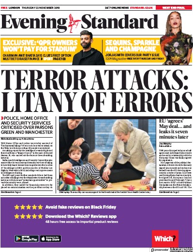 London Evening Standard Newspaper Front Page for 23 November 2018