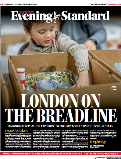 London Evening Standard (UK) Newspaper Front Page for 23 November 2022