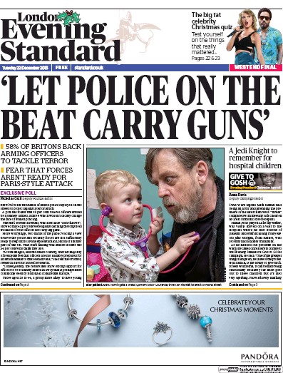 London Evening Standard Newspaper Front Page for 23 December 2015
