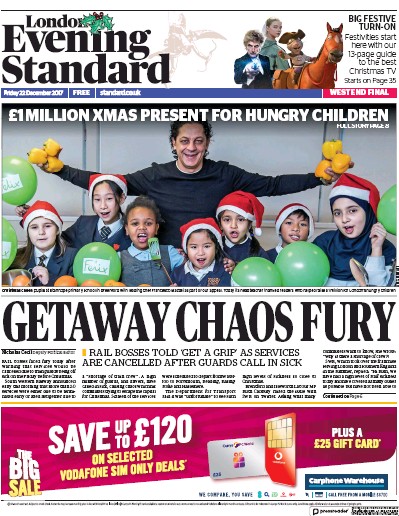 London Evening Standard (UK) Newspaper Front Page for 23 December 2017